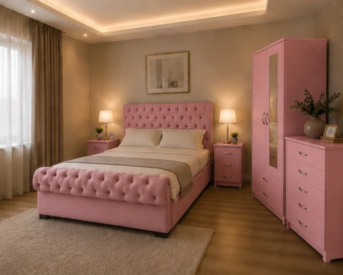 Classic Bedroom Furniture Set - King Size Bed - Two Door Mirror Wardrobe With Bottom Drawer - Chest of Five Drawers - Two Bedside Tables