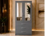 Modern Iron Grey 2 Door Mirrored Wardrobe with 3 Drawers - Smart Living Two Door Wardrobe Cabinet