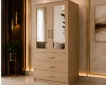 Modern Light Brown 2 Door Mirrored Wardrobe with 3 Drawers - Image 3