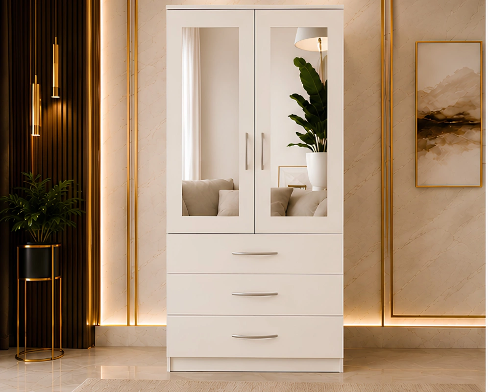 Modern Wardrobe Cabinet (13) Modern Two Door Wardrobe with Three Drawers & Dual Mirrors - Image 1