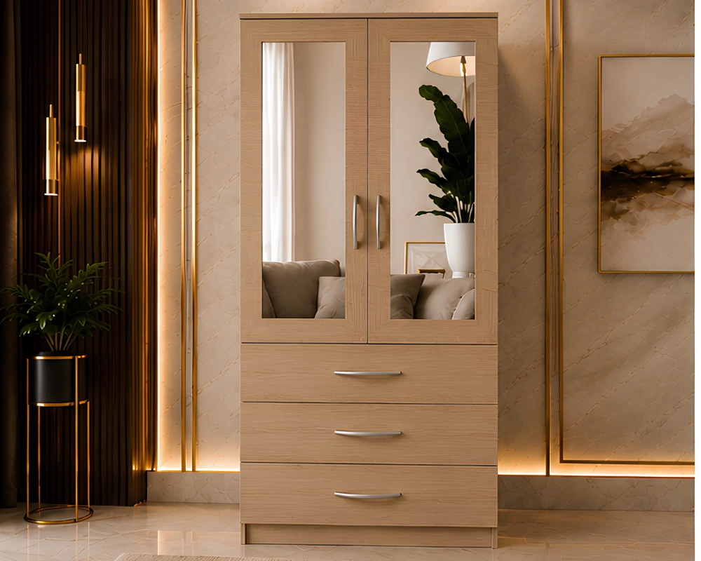 Modern Wardrobe Cabinet (9) Modern Light Brown 2 Door Mirrored Wardrobe with 3 Drawers - Image 1