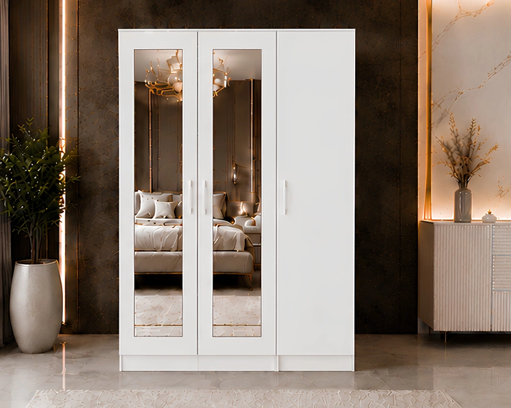 Modern White 3 Door Mirror Wardrobe White 3 Door Mirrored Wardrobe - Modern Bedroom Storage Solution - Image 1
