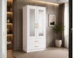 Premium Bedroom Wardrobe with Half-Length Mirrors with white colors - Deluxe 2 Door Wardrobe with 2 Drawers & Mirrors - Image 3