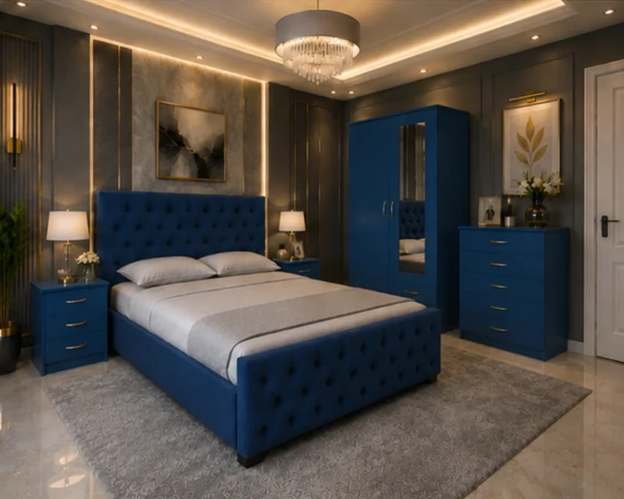 Premium Wooden King Size Bed Set - Two Door Wardrobe With One Mirror - Chest of Five Drawers With Two Bed Side Table