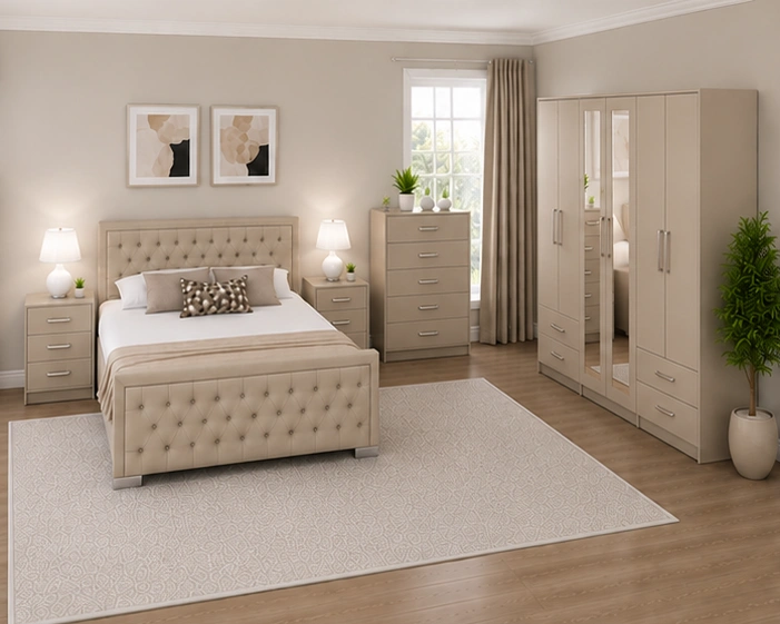 Premium Double Bed Furniture Set - 6 Door Wardrobe with 4 Drawers, Chest of 5 Drawers & 2 Bedside Tables