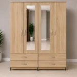 Multi-Storage oak 4 door Wardrobe with 4 Drawers and 2 Mirrors - Spacious Wooden 4 Door Wardrobe