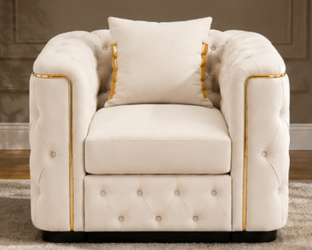 Off White Madrid 1 Seater Sofa Madrid light beige Armchair – Luxury Chesterfield Accent Chair with Gold Accents | UK - Image 1