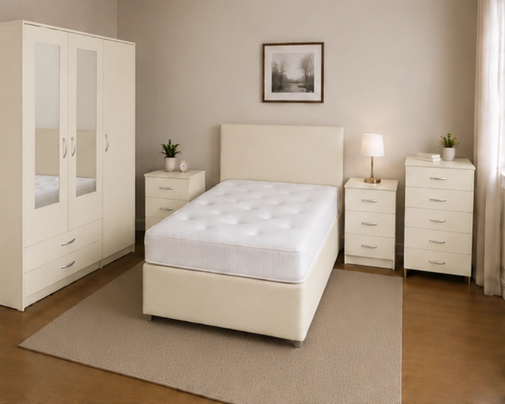 Opal Ivory Complete Bedroom Set Complete Cream King Size Bedroom Suite - 3 Door Wardrobe With Four Drawer - Chest of Five Drawers With Two Bed Side Table - Image 1