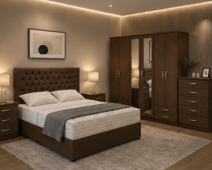 Complete King Size Bedroom Package - Six Door Mirror Wardrobe - Five Drawer Chest - Two Bedside Tables