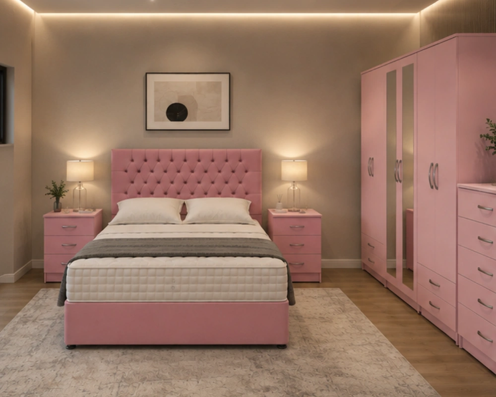 Pink Tufted Bed & Matching Bedroom Furniture Set Contemporary Bedroom Set - King Size Bed Frame - Six Door Wardrobe - Five Drawer Chest - Two Bedside Tables - Image 1