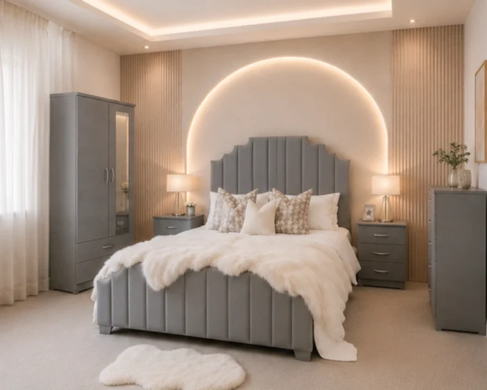 Contemporary King Size Bed Set - two Door Wardrobe With two Drawer - Chest of Five Drawers With Two Bed Side Table