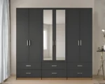 Luxury 6 Door Grey Mirrored Wardrobe with 6 Drawers  – Modern Bedroom Storage Cabinet