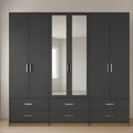 Luxury 6 Door Grey Mirrored Wardrobe with 6 Drawers  – Modern Bedroom Storage Cabinet