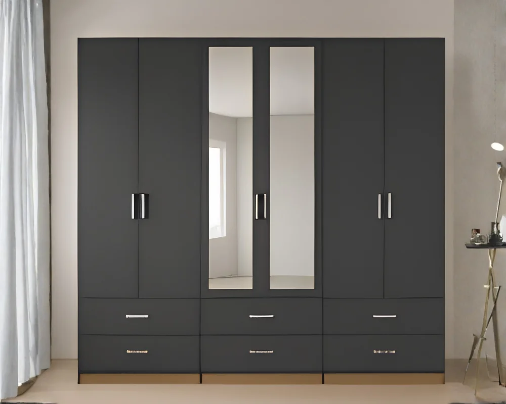 Premium 6 Door Wardrobe – Luxury Bedroom Storage UK Luxury 6 Door Grey Mirrored Wardrobe with 6 Drawers – Modern Bedroom Storage Cabinet - Image 1