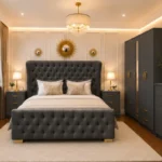 Master Bedroom Double Bed Set With Five Door Wardrobe With One Long Mirror - Chest of Five Drawers With Two Bed Side Table