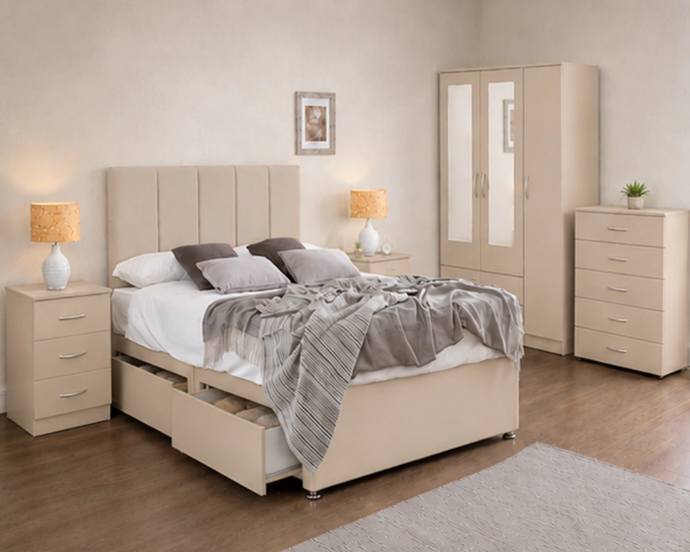 Premium Beige Bedroom Suite with Wardrobe & Chest of Drawers Premium Beige King Size Bedroom Set 3 Door Wardrobe With Four Drawer - Chest of Five Drawers With Two Bed Side Table - Image 1