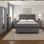 Elegant Bedroom Suite – Five Door Wardrobe Featuring a Full Length Mirror, Four Bottom Drawers & Two Bed Side Tables