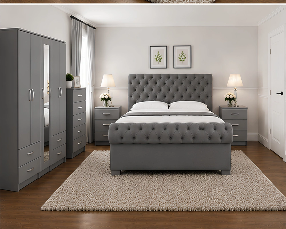 Premium Complete Bedroom Suite – Modern Design (3) Elegant Bedroom Suite – Five Door Wardrobe Featuring a Full Length Mirror, Four Bottom Drawers & Two Bed Side Tables - Image 1