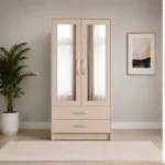 2 Door Wardrobe with Half Mirror & 2 Drawers with beige colors - Modern Two Door Wardrobe with 2 Drawers & 2 Mirrors