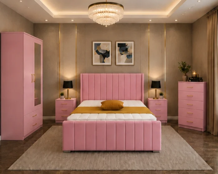 Modern King Size Bedroom Suite - 2 Door Mirror Wardrobe With Bottom Drawer - Chest of Five Drawers - Two Bedside Tables