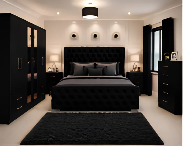 Modern Bedroom Furniture Set – King Size Bed with 6 Door Wardrobe, Two Full Length Mirrors, Four Bottom Drawers & Two Bed Side Tables