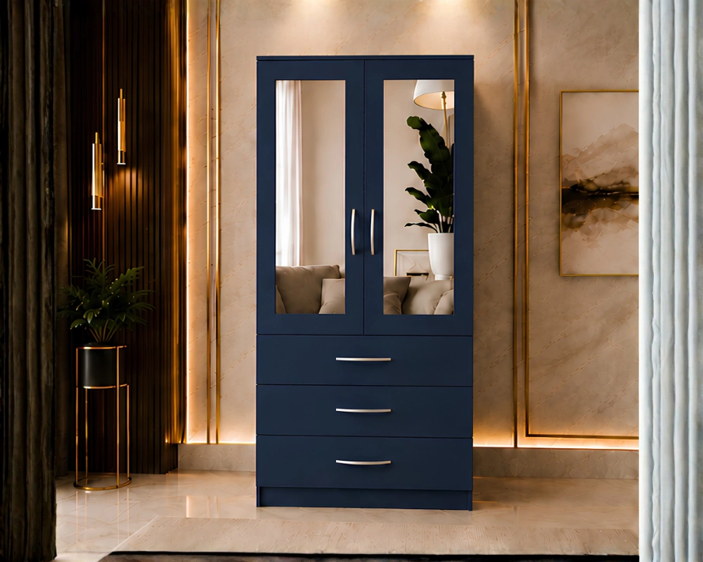 Premium Storage Cabinet (13) Modern Blue 2 Door Mirrored Wardrobe with 3 Drawers - Premium Organizer Wardrobe with 3 Drawers - Image 1