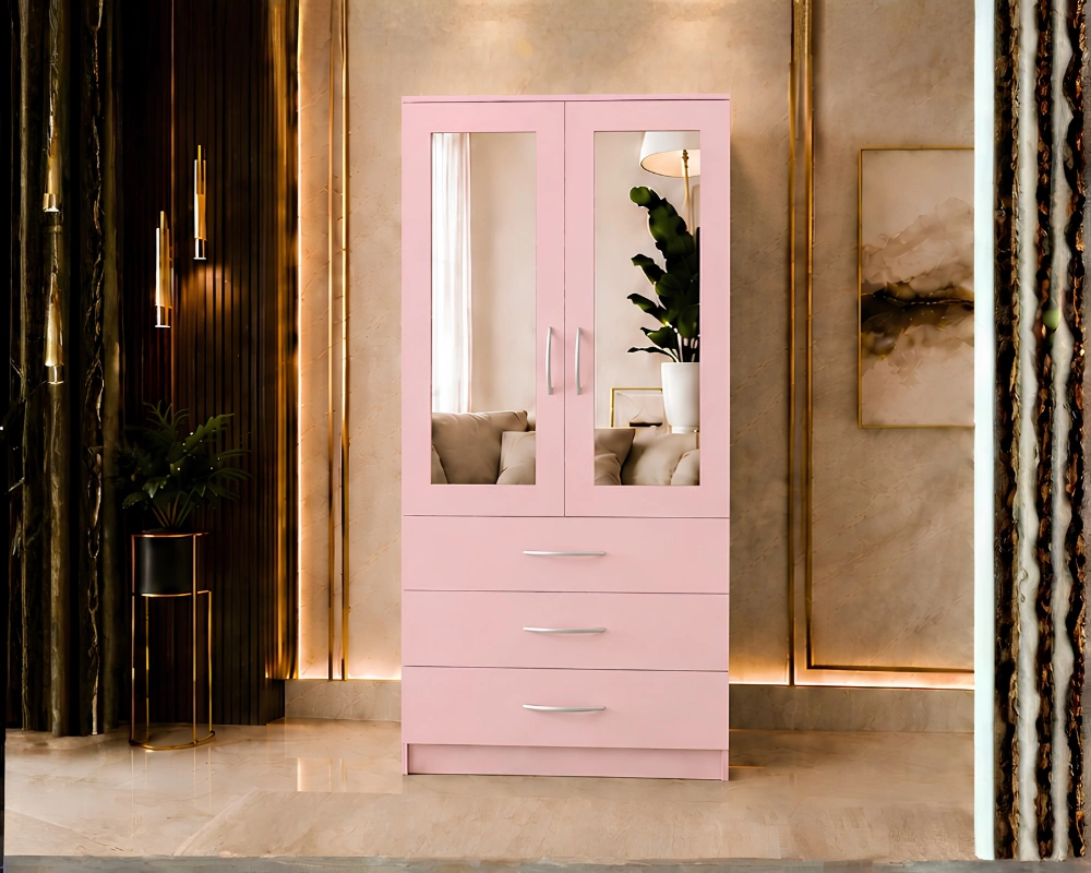 Premium Storage Cabinet (5) Modern Light Pink 2 Door Mirrored Wardrobe with 3 Drawers - Wooden Two Door Wardrobe with Mirrors - Image 1