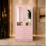 Modern Light Pink 2 Door Wardrobe with Dual Full-Length Mirrors - Modern Double Door Wardrobe& 3drawees