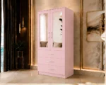 Modern Light Pink 2 Door Mirrored Wardrobe with 3 Drawers - Wooden Two Door Wardrobe with Mirrors - Image 3