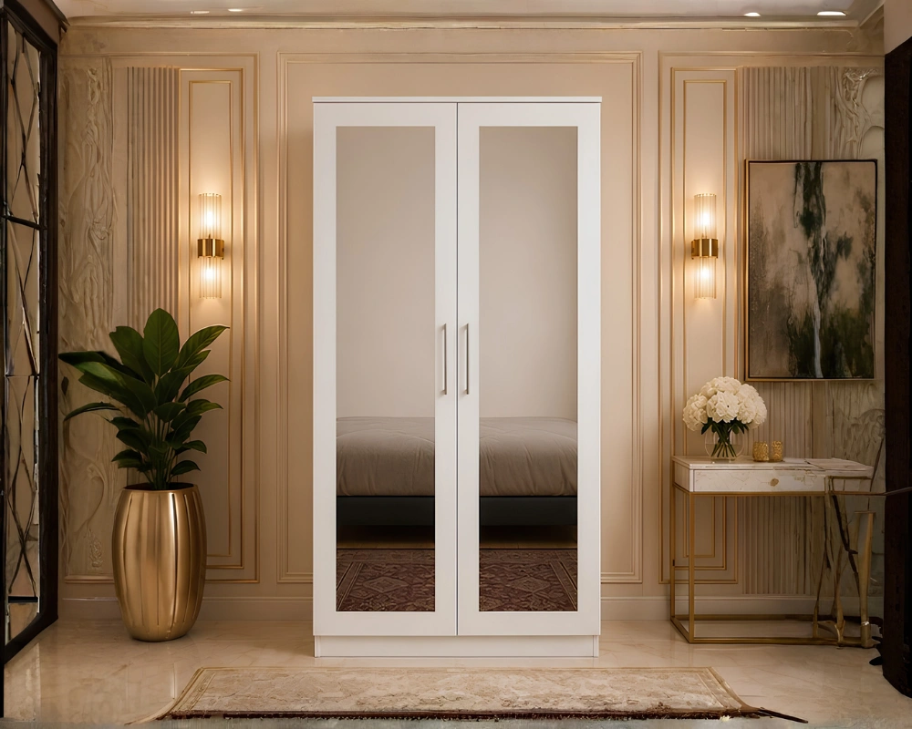 Premium Storage Cabinet Modern White 2 Door Wardrobe with Dual Full-Length Mirrors - Elegant Double Door Wardrobe with Storage Drawers - Image 1