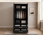 Luxury 2 Door Mirrored Wardrobe with Storage Drawers with Black colors - Premium Two Door Bedroom Wardrobe with 2 Drawers - Image 5