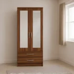 Contemporary Half Mirror Double Door Wardrobe with walnut colors - Elegant 2 Door Wardrobe with Dual Mirrors and Drawers