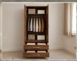 Contemporary Half Mirror Double Door Wardrobe with walnut colors - Elegant 2 Door Wardrobe with Dual Mirrors and Drawers - Image 5