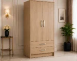 2 Door Wooden Wardrobe with 2 Drawers with Oak colors wardrobe - Elegant 2 Door Wardrobe with Dual Drawers