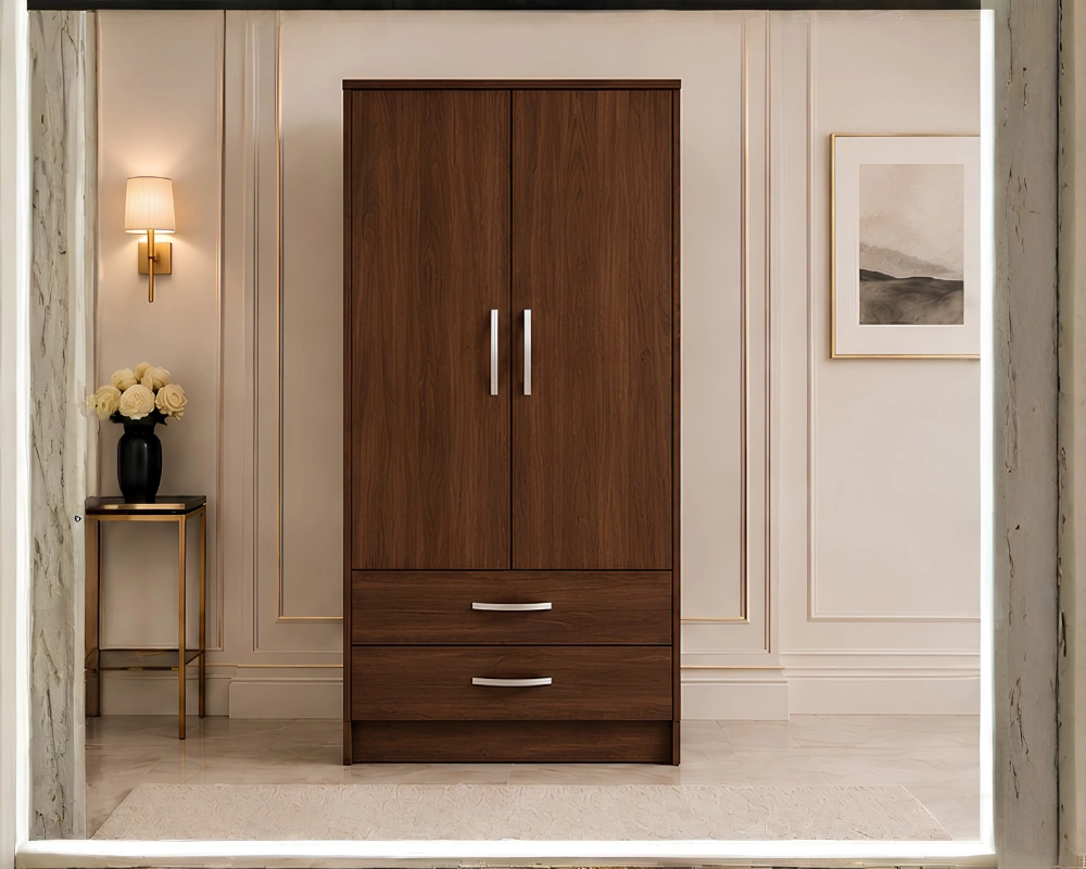 Small Bedroom Wardrobe (8) Premium 2 Door Wardrobe with Hanging Rail with walnut colors wardrobe -new - Image 1