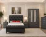 Luxury grey Velvet Complete Bedroom Furniture Set – four Door Wardrobe With Four Drawer - Chest of Five Drawers With Two Bed Side Table - Image 5