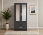 Bedroom Storage Wardrobe with Half Mirror Design - Smart Storage Two Door Wardrobe with Mirrors