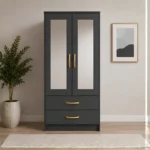Bedroom Storage Wardrobe with Half Mirror Design - Smart Storage Two Door Wardrobe with Mirrors