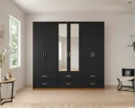 Premium Storage 6 Door Wardrobe with 6 Drawers & 2 Mirrors - Contemporary 6 Door Wooden Wardrobe