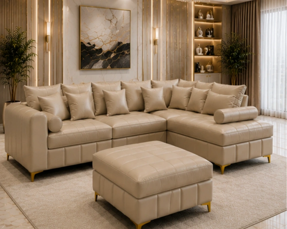 Stylish Burgundy Sectional Sofa with Ottoman Lilly sofa Beige colour sofa - Lilly comfortable living room sofa - Premium Lilly L-Shape 4 Seater Sofa - Image 1