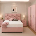 Premium Double Bed Room Set – Five Door Mirrored Wardrobe with Four Bottom Drawers, Five Drawer Chest and Two Bed Side Tables