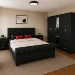 Complete Double Bed Furniture Package - five Door Wardrobe With Four Drawer - Chest of Five Drawers With Two Bed Side Table
