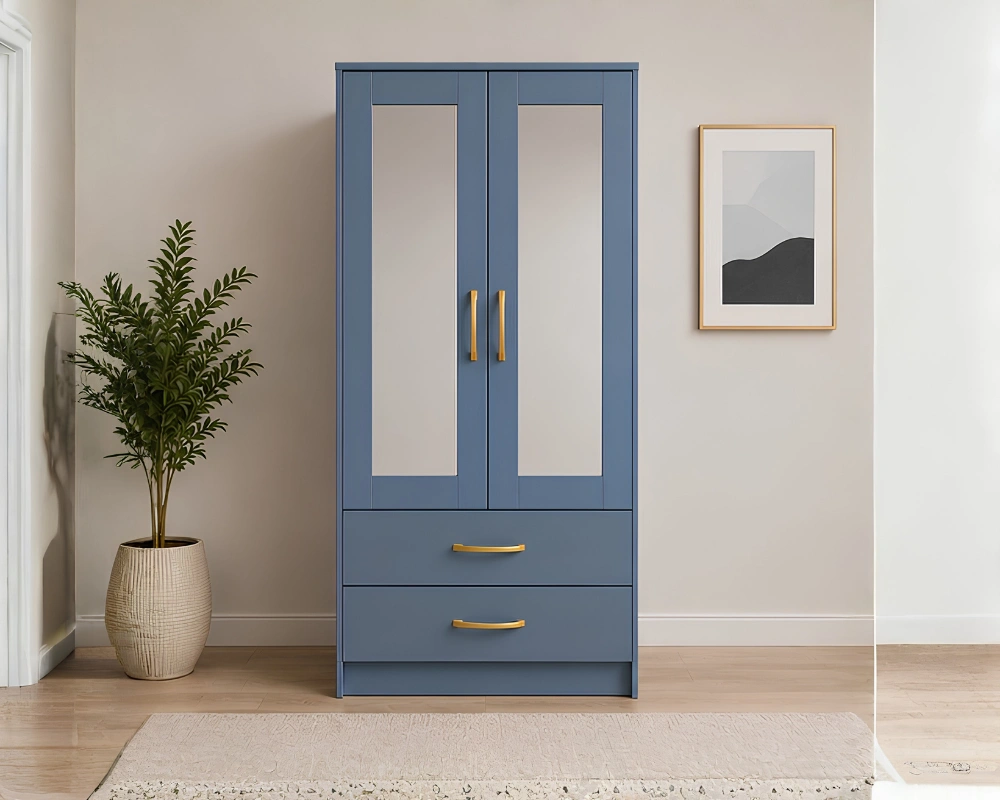 Stylish Double Door Almirah (2) Modern Wooden 2 Door Half Mirror Wardrobe with blue colors - Luxury Two Door Mirror Wardrobe with Drawers - Image 1