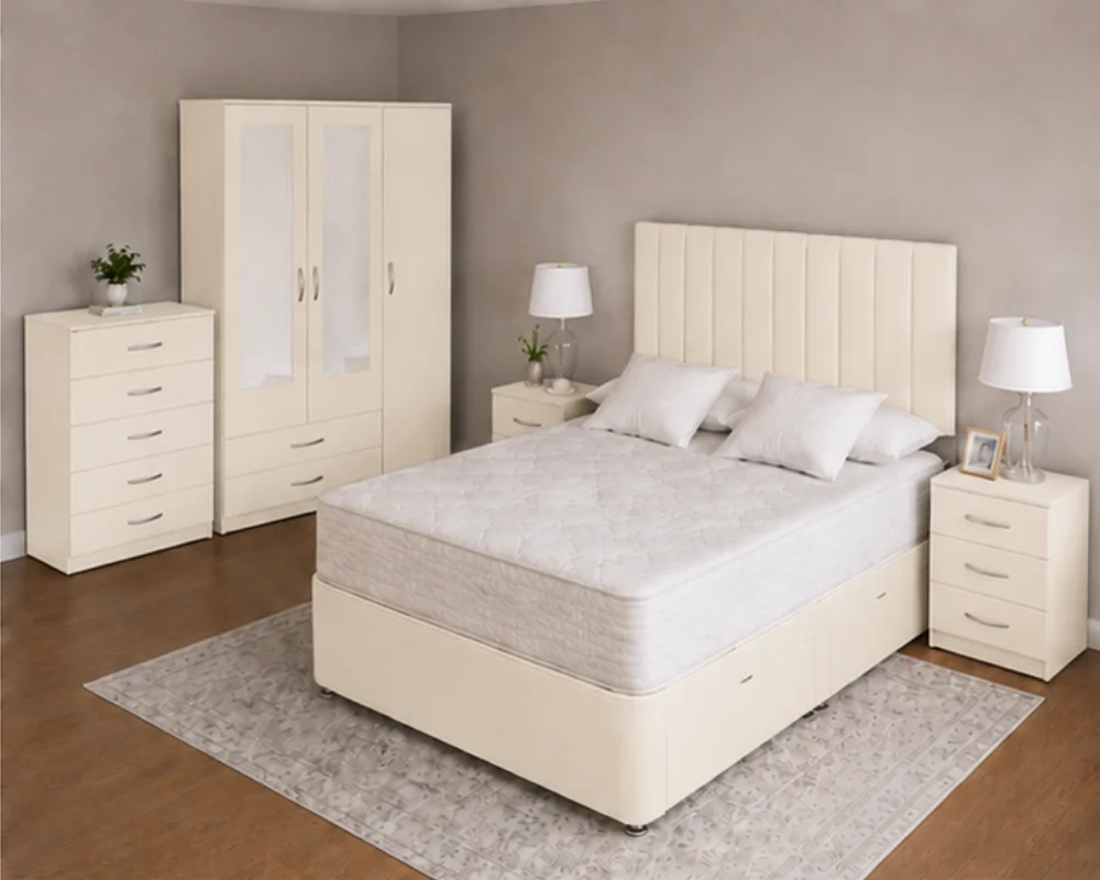 Stylish Master Bedroom Furniture Ensemble Luxury Master Double Bed Set - three Door Wardrobe With Four Drawer - Chest of Five Drawers With Two Bed Side Table - Image 1