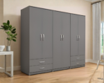 Luxury 6 Door Grey Wardrobe with 4 Drawers  – Modern Wooden Bedroom Storage Cabinet