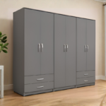 Luxury 6 Door Grey Wardrobe with 4 Drawers  – Modern Wooden Bedroom Storage Cabinet