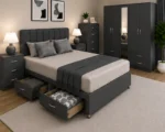 Luxury Double Bed Furniture Set – Five Door Wardrobe with Four Bottom Drawers – Chest of Five Drawers with Two Bedside Tables