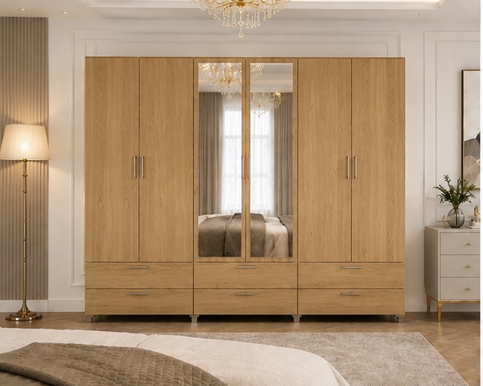 WhatsApp Image 2026-06-18 at 6.02.06 PM (3) Designer 6 Door Mirrored Wardrobe with 6 Drawers – Mirror Door 6 Door Wardrobe with Drawer Storage - Image 1