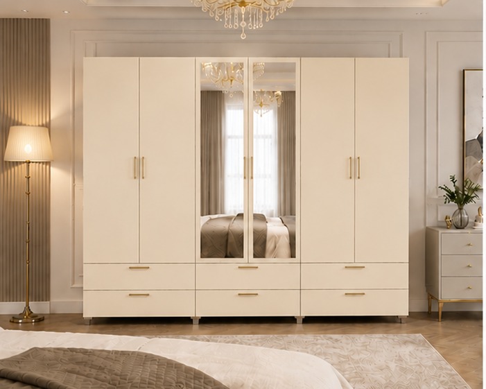WhatsApp Image 2026-06-18 at 6.03.13 PM (3) Designer 6 Door Wardrobe with 6 Drawers – Premium Bedroom Organisation Unit in Rusty with white colors - Image 1