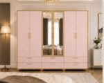 6 Door Wardrobe with Shelves, Rails and Drawers with white colors - Luxury Bedroom Wardrobe with 2 Mirrors & 6 Drawers